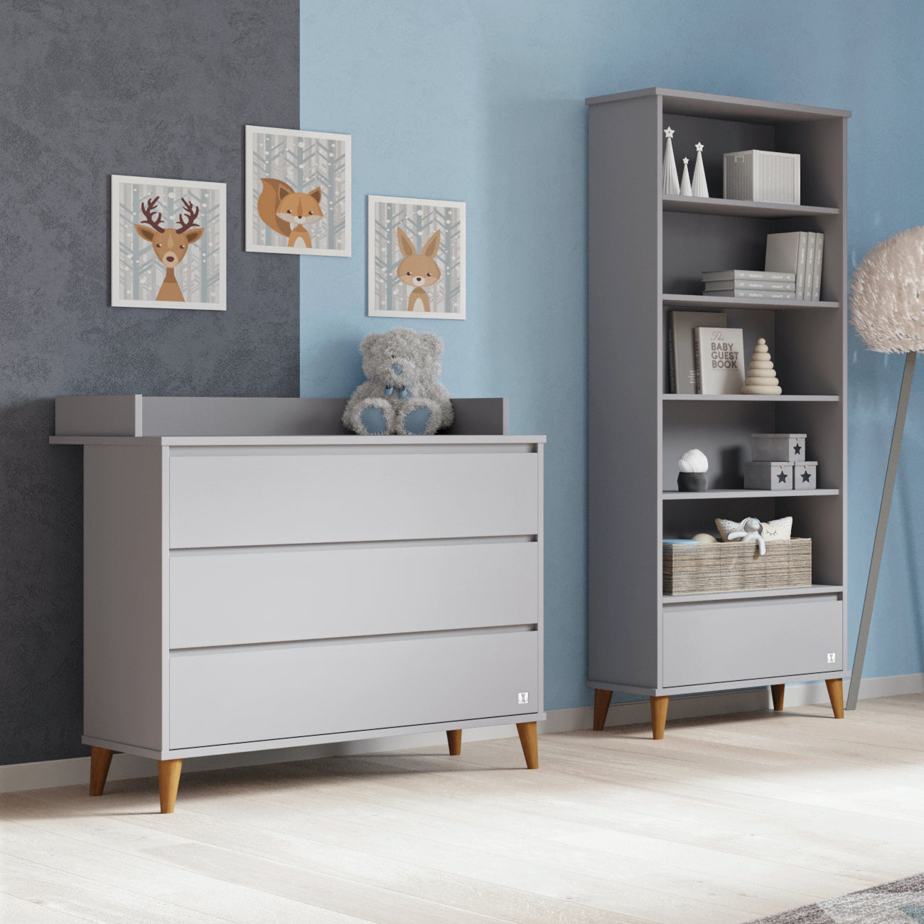 Bookcase NORDIC with drawer in grey | Bookcase for children room | Exclusive children furniture | Bookcase Scandinavian design | Bookcase baby room | Nursery furniture