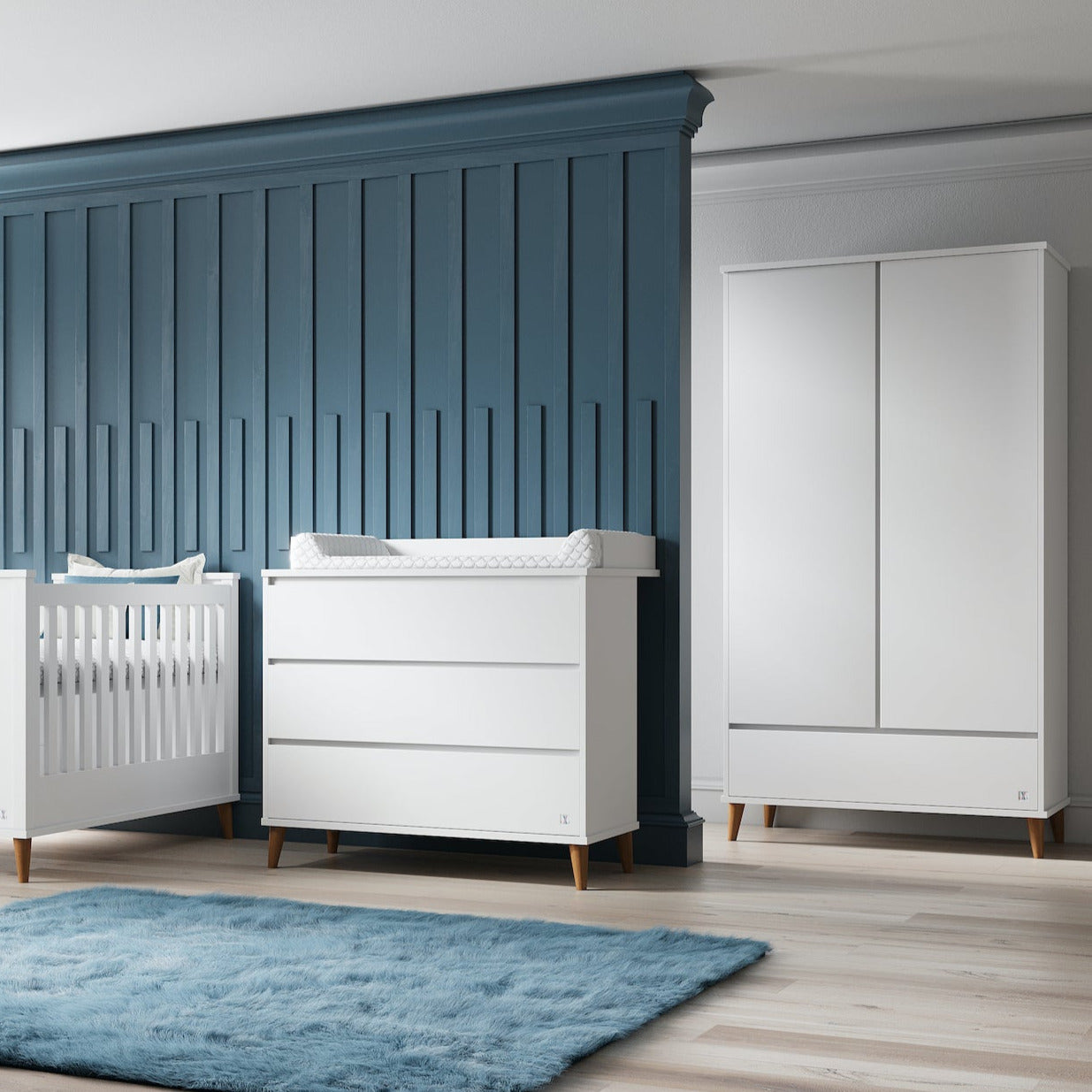 Wardrobe NORDIC white & chest of drawers NORDIC white | Wardorbe for kids room | Wardrobe two doors with drawer | Wardrobe Scandinavian design | Wardrobe with wooden feet