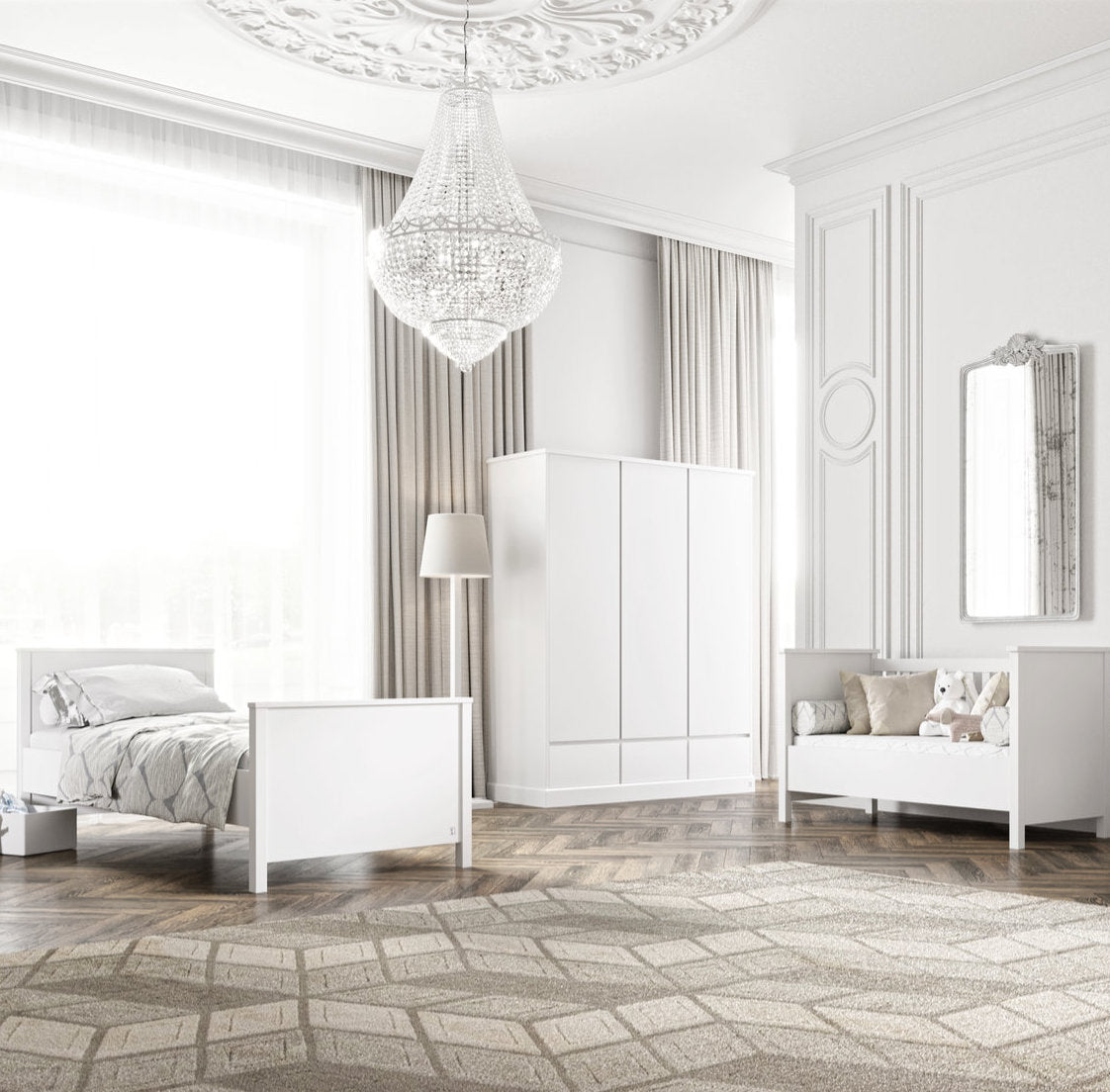 Wardrobe with 3 doors and 3 drawers | Wardrobe PRESTIGE white | PRESTIGE children furniture collection | Modern wardrobe with 3 doors | Converted baby bed PRESTIGE