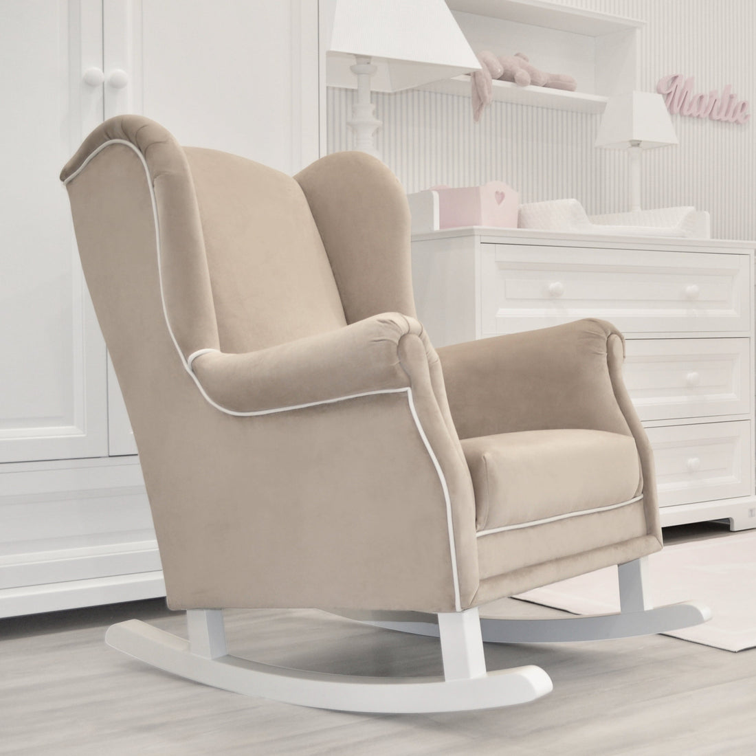 Rocking nursing chair PRESTIGE sand beige | handcrafted rocking nursing chair | luxury baby furniture | beige nursing rocking chair
