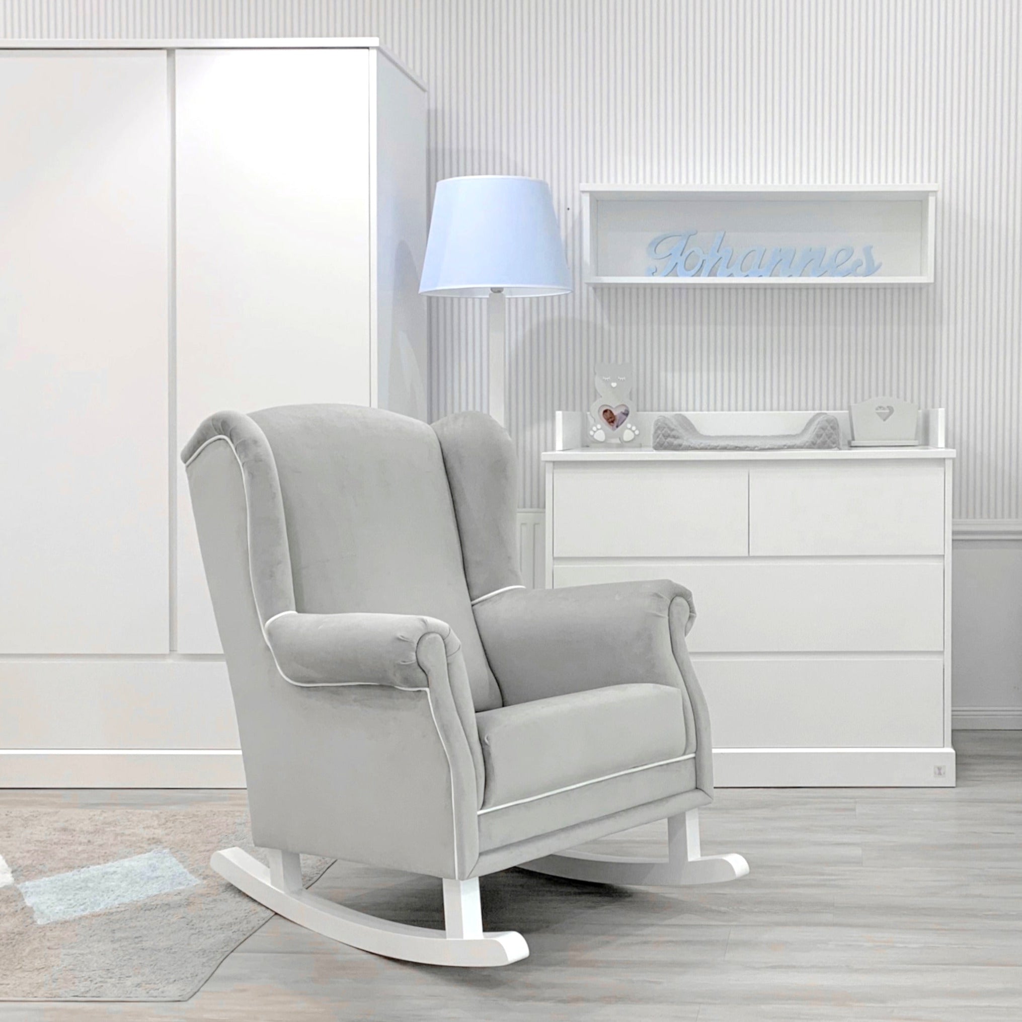 Rocking nursing chair PRESTIGE silver-grey | handcrafted rocking nursing chair | luxury baby furniture | light grey nursing rocking chair