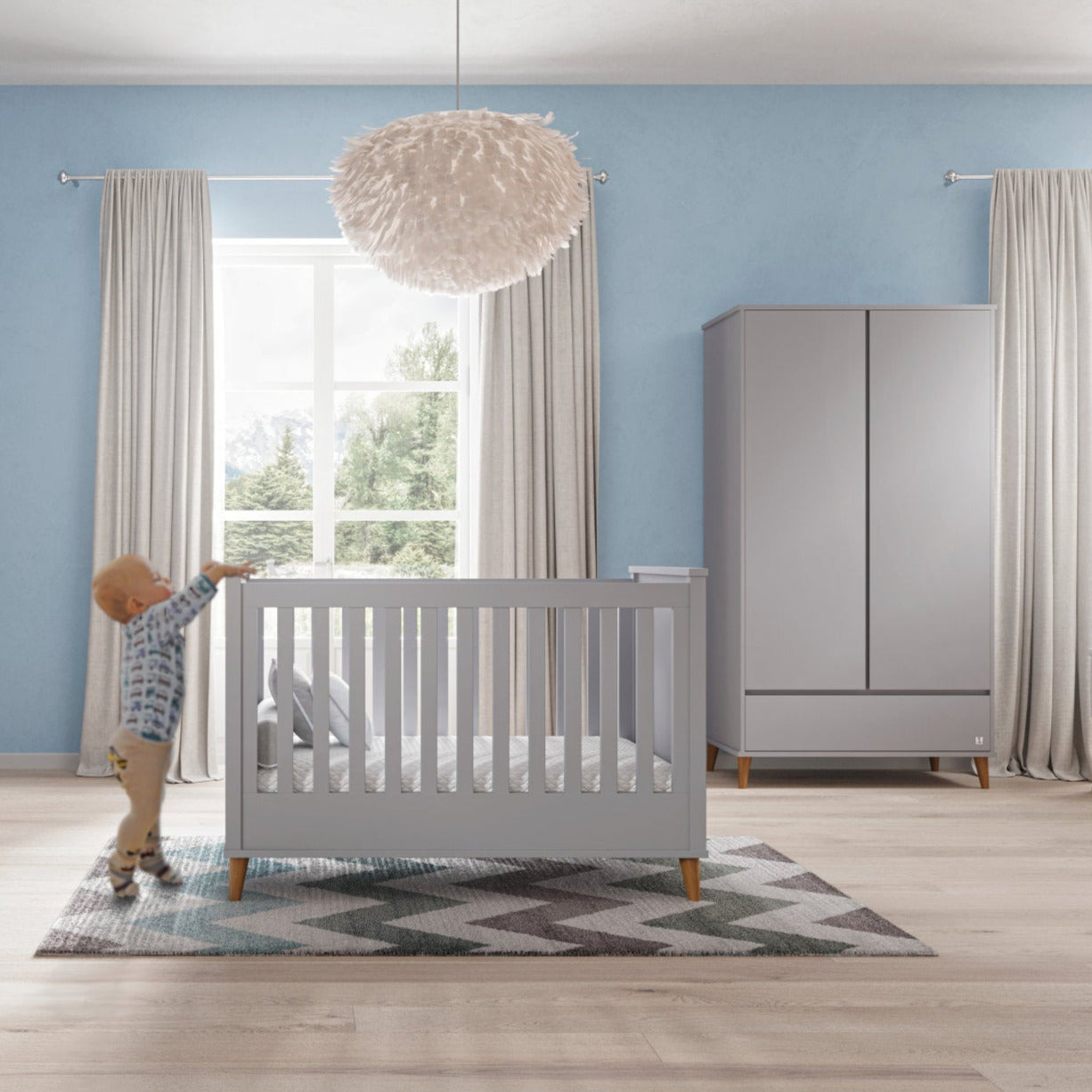 Wardrobe NORDIC grey &amp; 4 in 1 baby bed NORDIC grey | Wardorbe for kids room | Wardrobe two doors with drawer | Wardrobe Scandinavian design