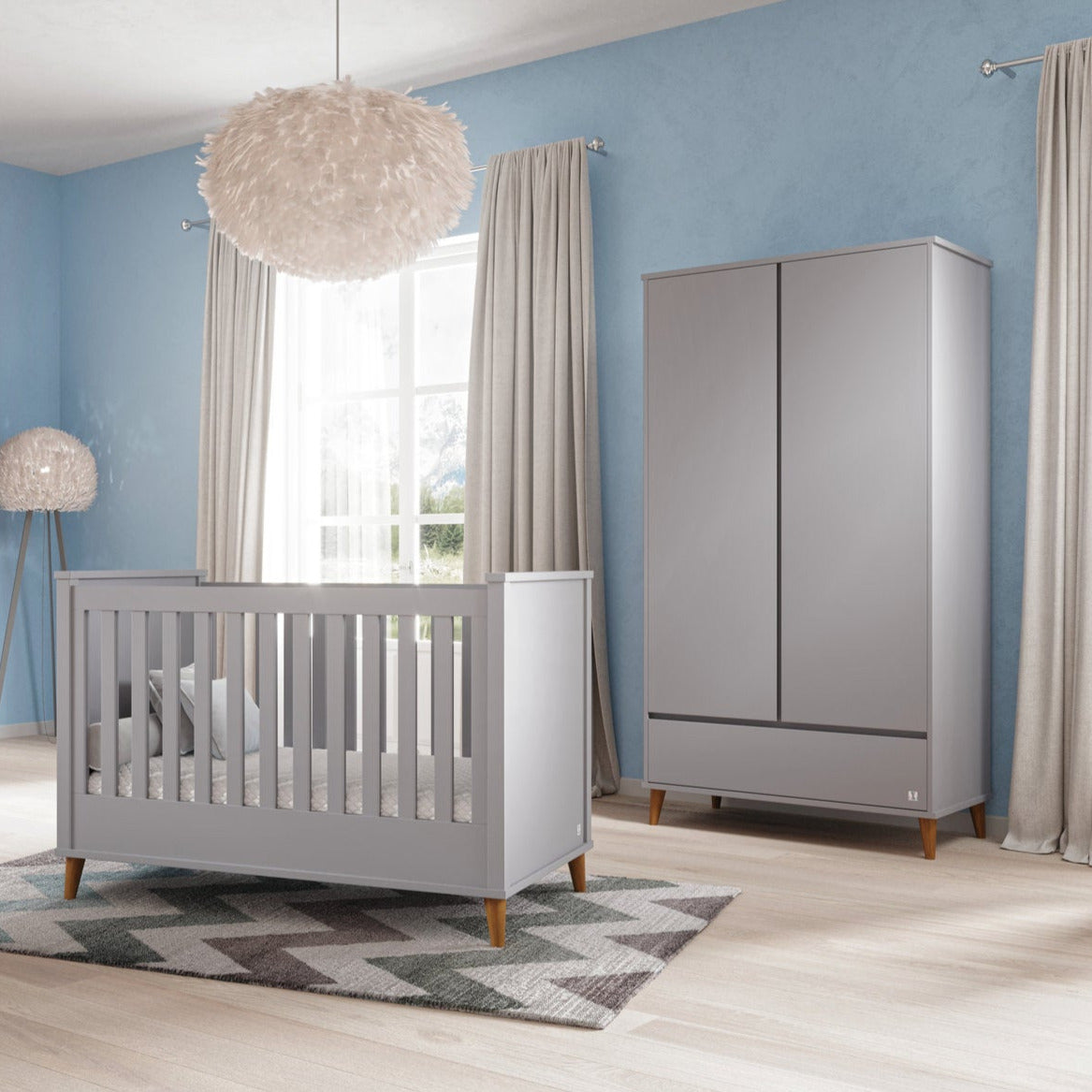 Wardrobe NORDIC grey &amp; 4 in 1 baby bed NORDIC grey | Wardorbe for kids room | Wardrobe two doors with drawer | Wardrobe Scandinavian design