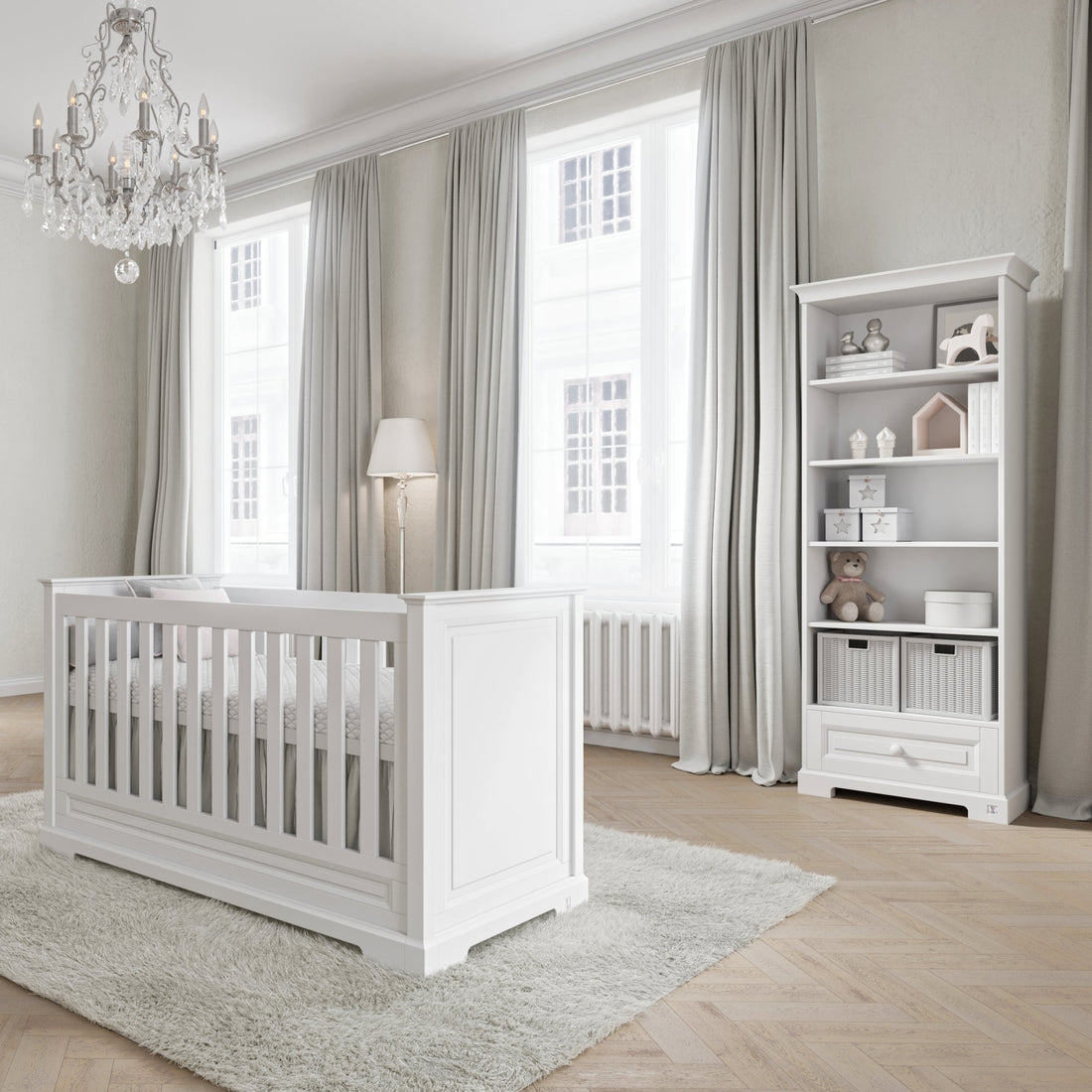 Bookcase ROYAL with drawer in classic design | Bookcase for baby room | Bookcase 205cm | White bookcase children room