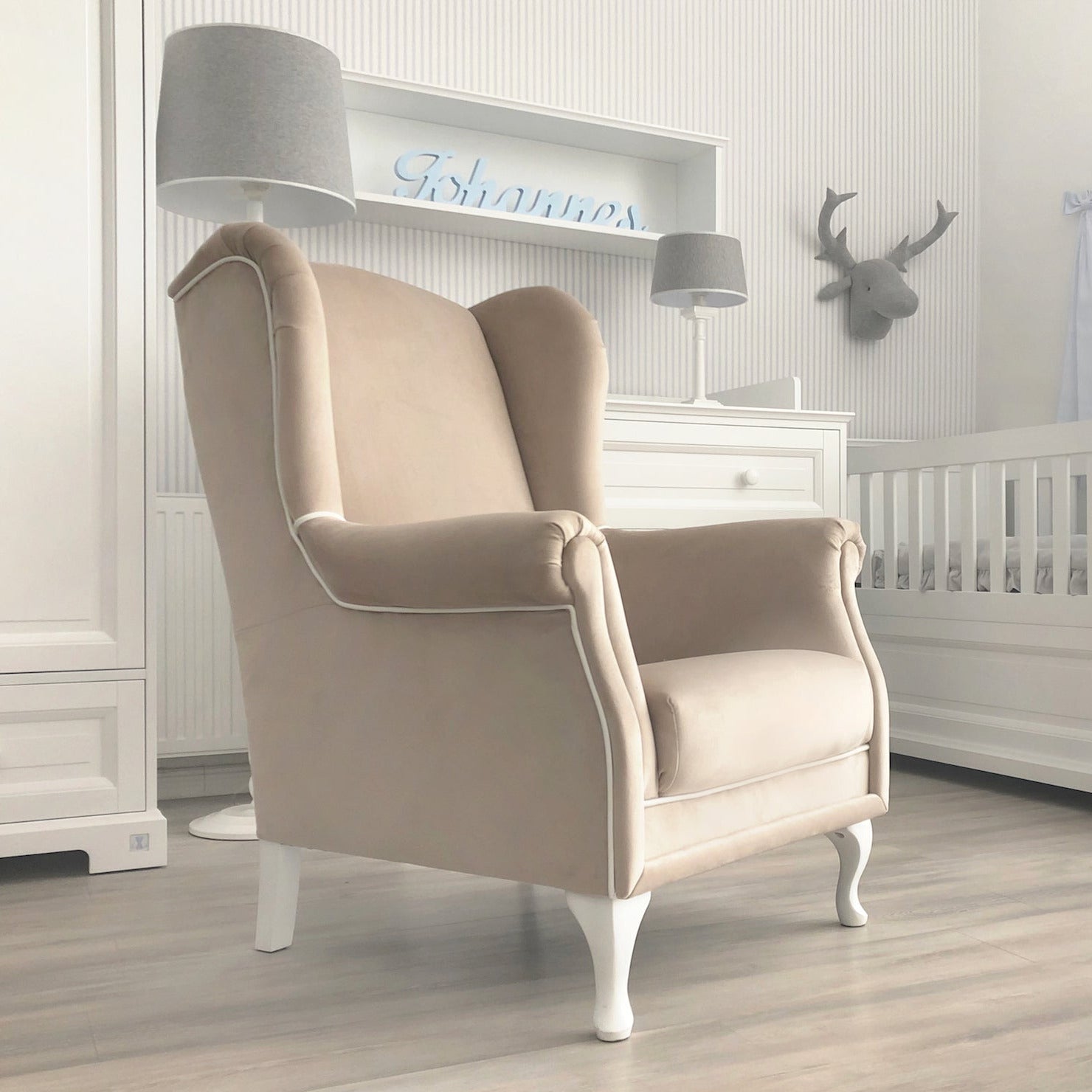 Nursing chair PRESTIGE sand beige | handcrafted nursing chair | luxury baby furniture | relaxing nursing chair